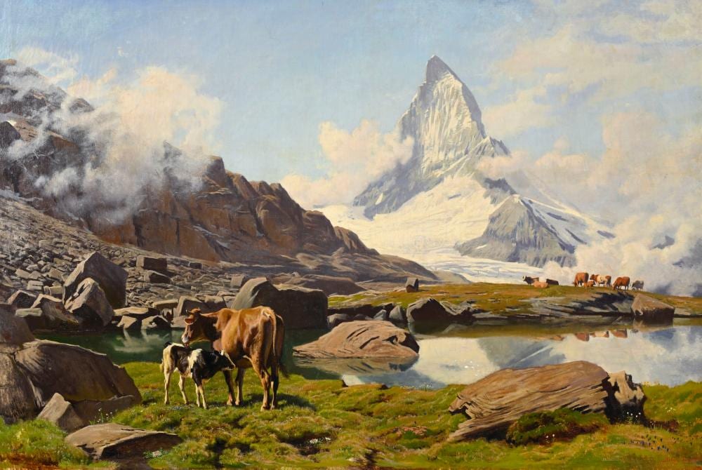 Albert Lugardon comparable auction result: albert lugardon 1827 1909 vue du cervin et vaches paissant au rieffelsee huile sur toile sign e 97 5x143 5 cm