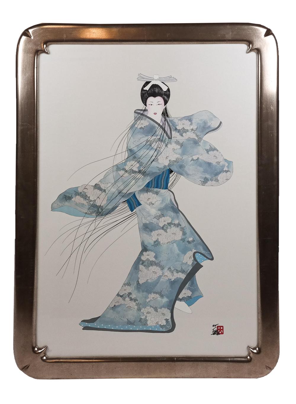 Framed print of a standing kimono-clad woman with black hair in an elaborate headdress, surrounded by flowing lines and pale blue cloud patterns.