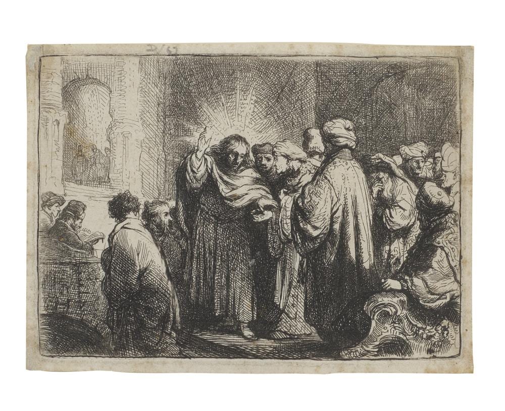 Black-and-white etching print showing a group scene with a central figure standing among people in a street or courtyard.