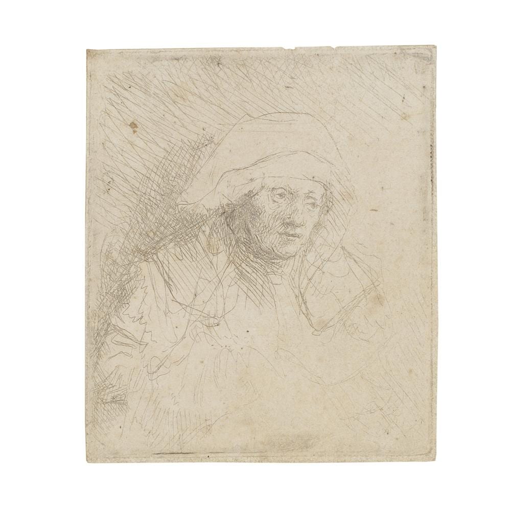 Black-and-white etching print showing a seated older man in a hood or headdress, leaning forward and holding his hands together.