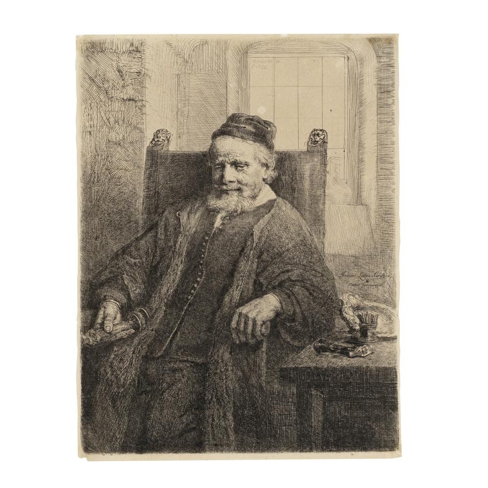 Black-and-white etching-style print of a seated man in profile at a table, looking left, with a window and framed shapes in the background.