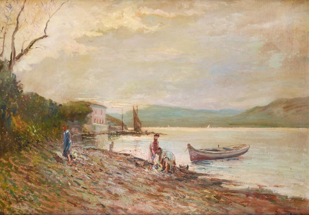 Enrico Reycend comparable auction result: enrico reycend torino 1855 torino 1928 paesaggio lacustre con pescatori