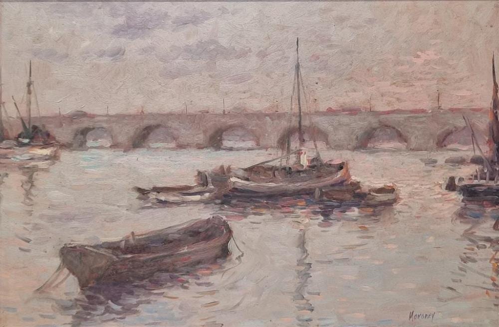 Ken Moroney comparable auction result: ken moroney british 1949 2018 boats moored by london bridge oil on board signed lower right 20 x 29 cm titled verso
