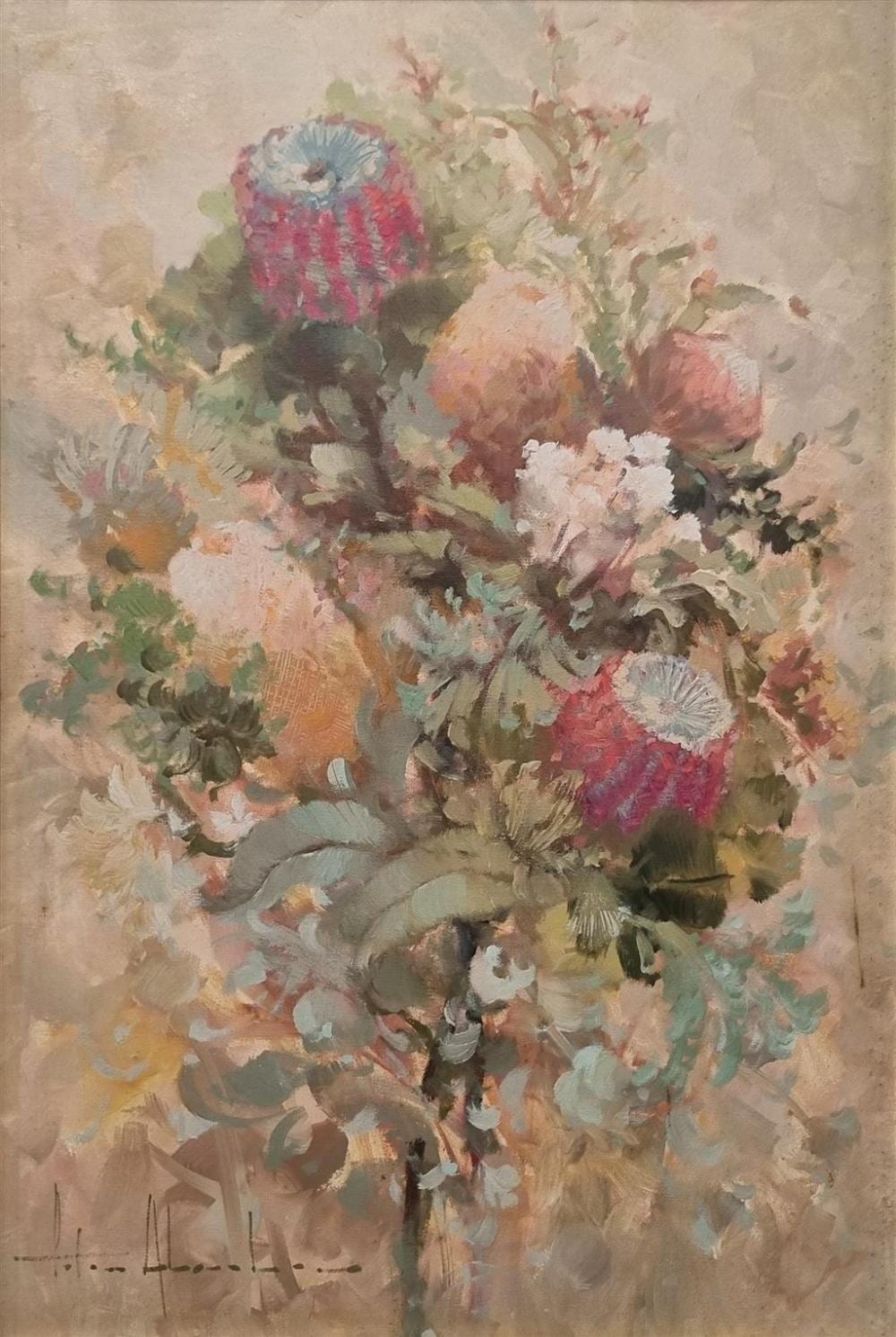 Peter Abraham comparable auction result: peter abraham 1926 2010 banksias oil on board signed lower left 60 x 39 cm castle gallery label verso and titled