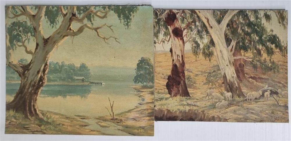 Melvin Duffy comparable auction result: melvin duffy 1930 x 2 untitled rural scene and lake scene oil on canvas board signed lower right 35 x 45 cm and 41x 51 cm 2