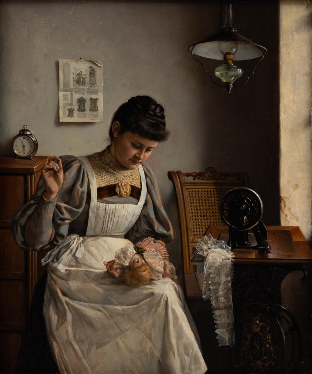 Alois Heinrich Priechenfried comparable auction result: alois heinrich priechenfried austrian 1867 1953 oil on beveled panel young woman sewing a doll s dress h 12 5 w 10 25 frame size h 18 w 16