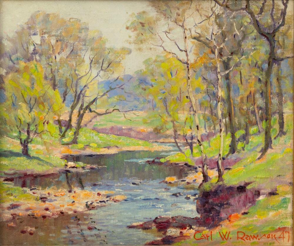 Carl Wendell Rawson comparable auction result: carl wendell rawson american 1884 1970 oil on masonite 1947 spring on minnehaha creek trail h 12 w 14 frame size h 16 5 w 18 5