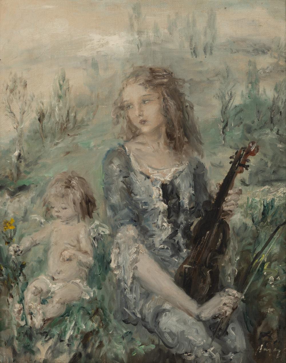 Aurél Náray comparable auction result: aurel naray hungarian 1883 1948 oil on canvas 1960 young girl with violin h 26 w 20 frame size h 32 w 26