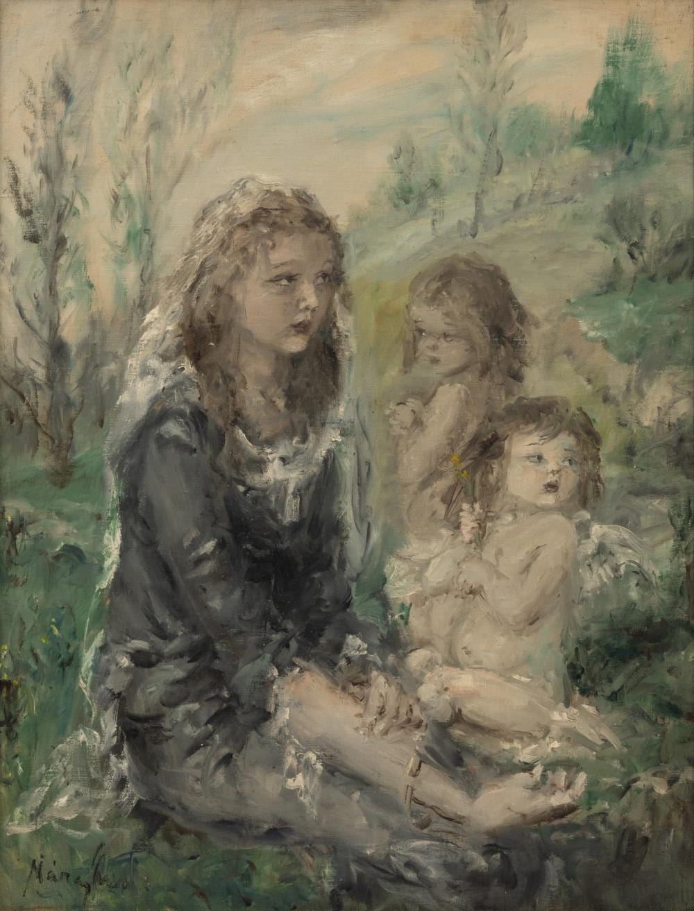 Aurél Náray comparable auction result: aurel naray hungarian 1883 1948 oil on canvas mother and two children h 26 w 20 frame size h 32 w 26