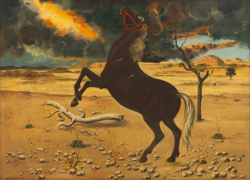 Aldo Pagliacci comparable auction result: aldo pagliacci italian 1913 1991 oil on canvas 1965 rearing horse in a desert landscape h 19 5 w 27 5 frame size h 26 5 w 34 25