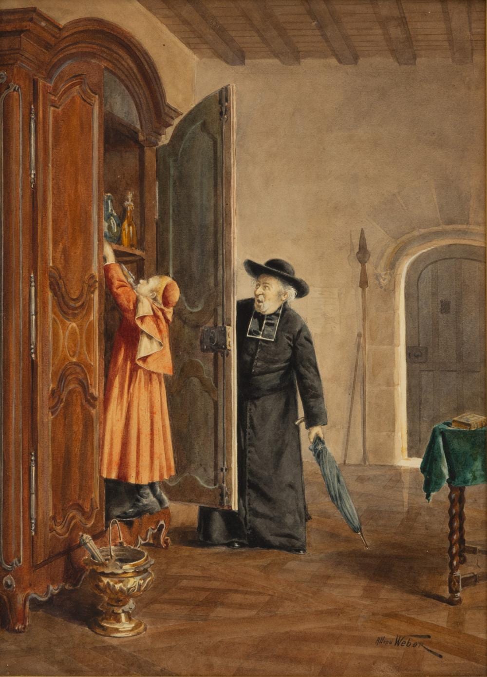Alfred Weber comparable auction result: alfred weber french 1862 1922 watercolor caught in the act h 13 75 w 10 frame size h 22 w 18 depth 2