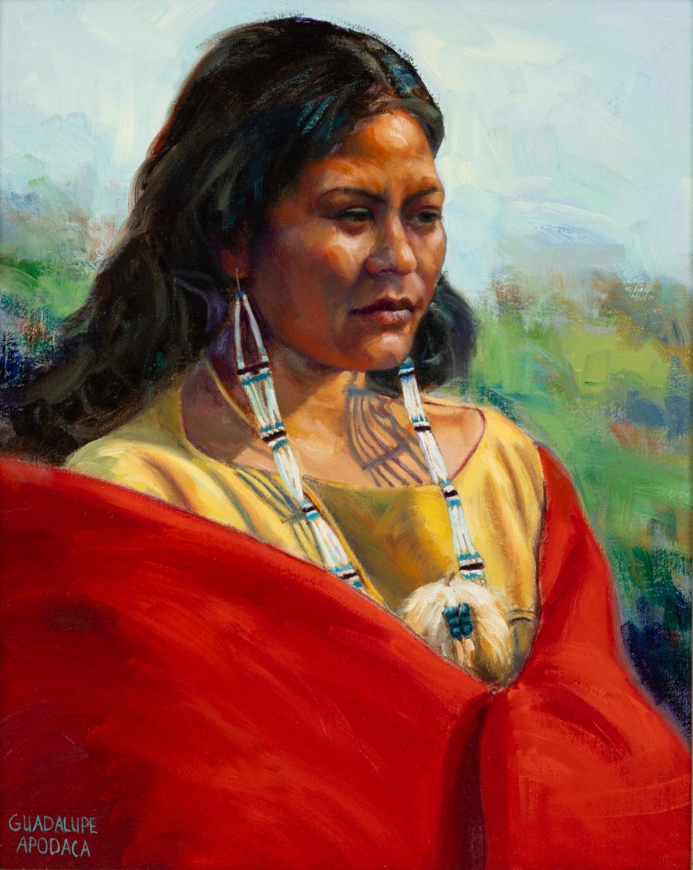 Guadalupe Apodaca comparable auction result: guadalupe apodaca american b 1941 oil on canvas 20th cen native american woman h 20 w 16 frame size h 32 w 28