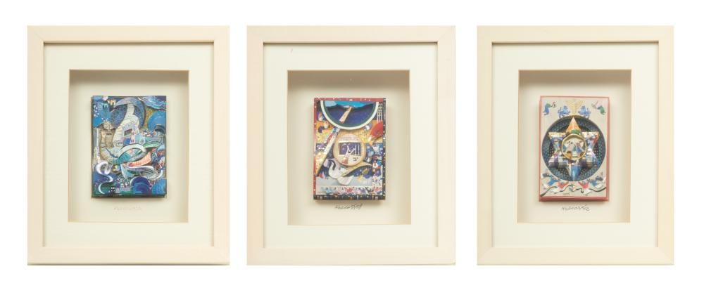 Raphael Abecassis comparable auction result: raphael abecassis morracan israel b 1953 decoupage in color with foil embossing on paper 1989 h 8 25 w 7 25 3 pcs