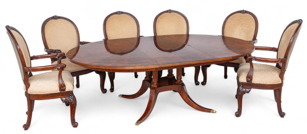 Henredon (American) Mahogany Dining Table and Six Armchairs H 30" Dia. 64" sold by DuMouchelles, lot 178 — auction record photograph