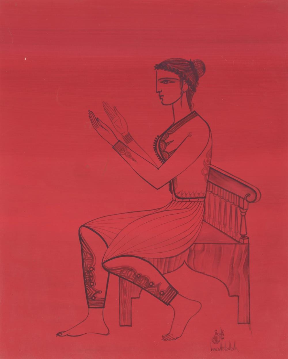 Jellal Ben Abdallah comparable auction result: jellal ben abdallah 1921 2017 jeune femme assise sur un fond rouge calligraphies