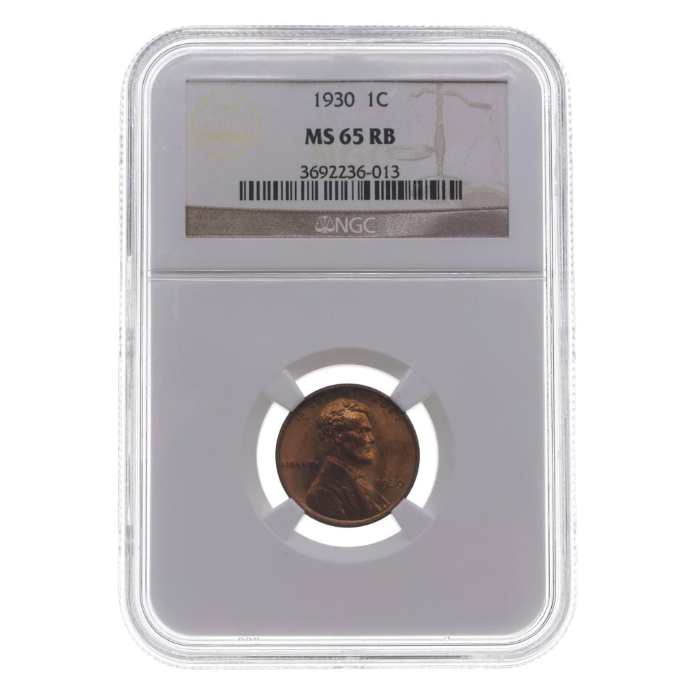 A copper Lincoln Wheat penny coin displayed in a clear grading case, labeled “1930 1C” and “MS 65 RB” with an NGC logo.