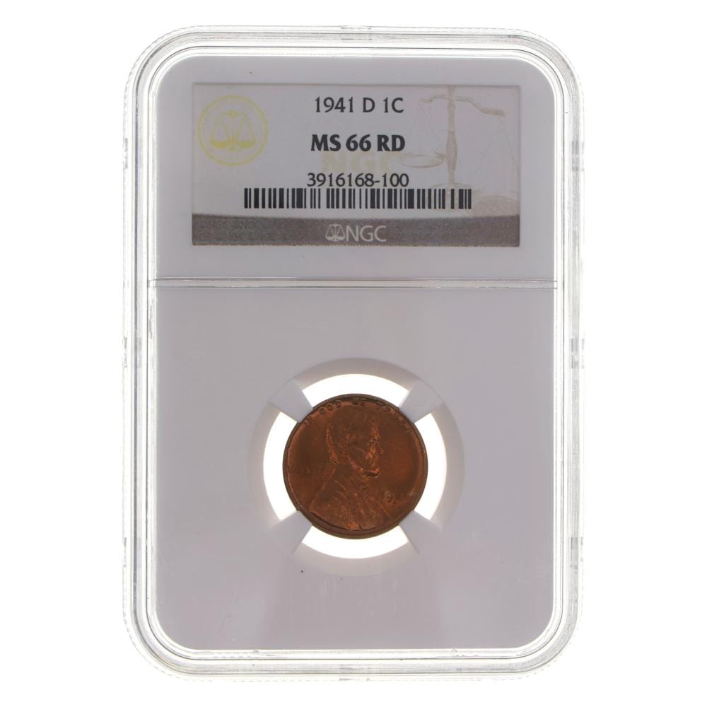 A copper U.S. Lincoln wheat penny coin inside a clear grading holder, labeled “NGC” and “MS 66 RD.”