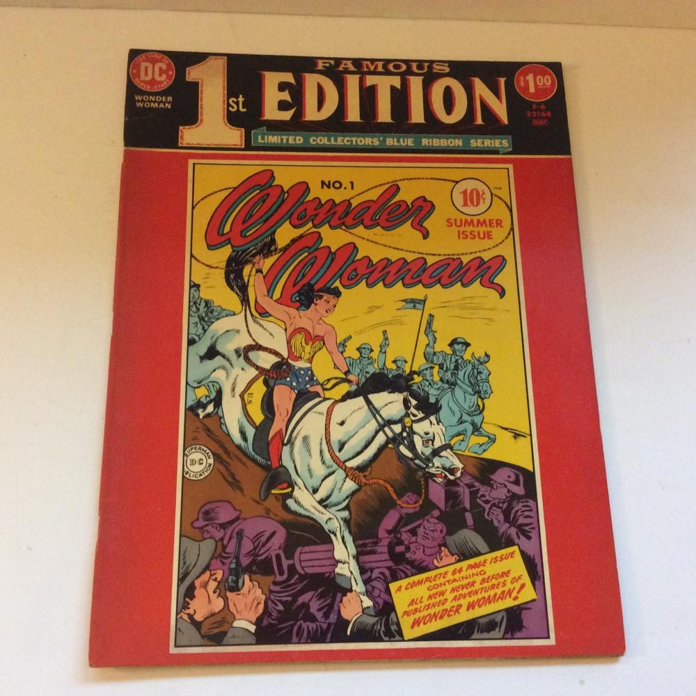 Front cover of a DC Comics “Famous 1st Edition” Wonder Woman comic book featuring Wonder Woman on horseback.