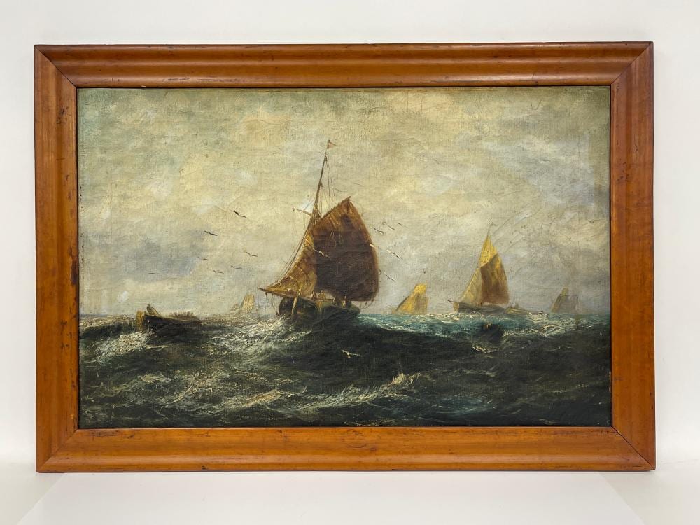 Oisín Kelly comparable auction result: o c painting of ships at sea original birdseye maple frame 22 x 32