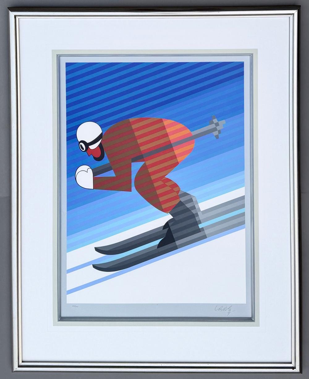 Framed color screen print of a skier descending across blue diagonal stripes.