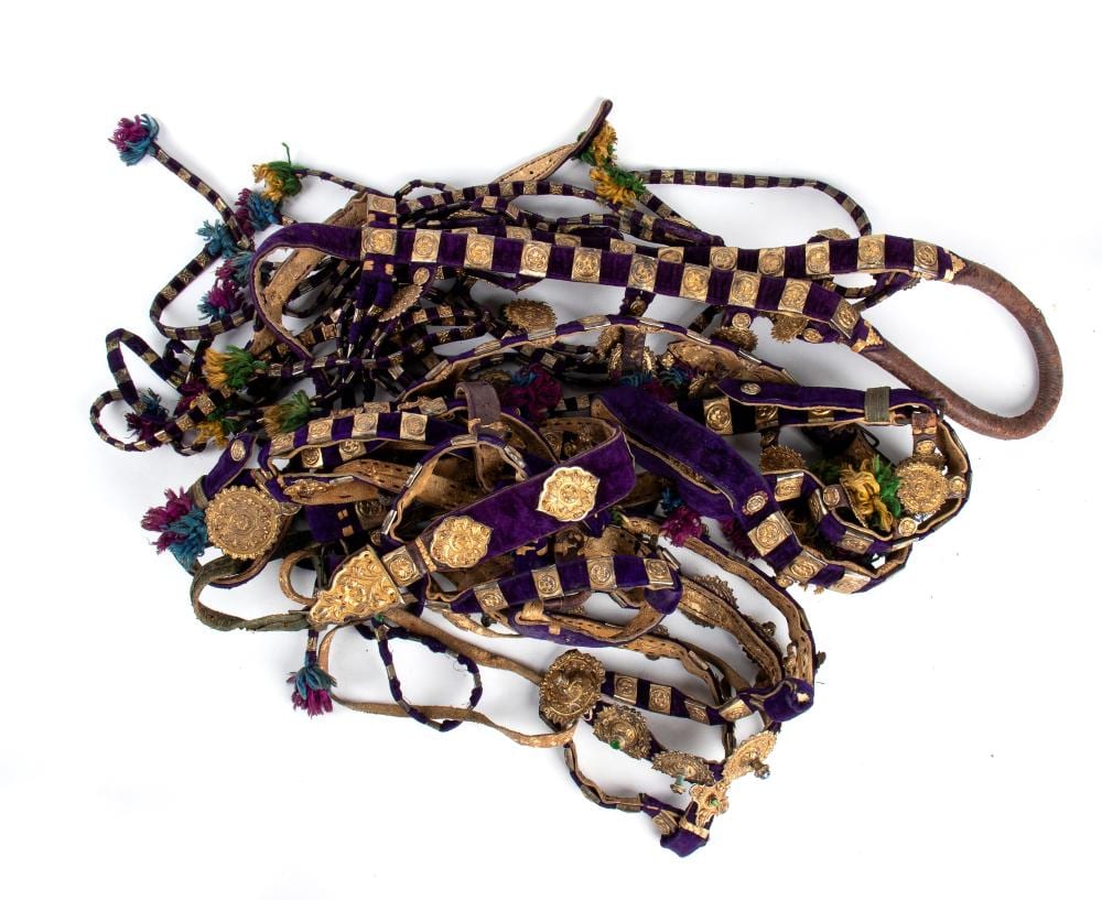 Decorative horse harness with purple and gold fabric straps, metal plaques, and dangling cords with tassels on a white background.