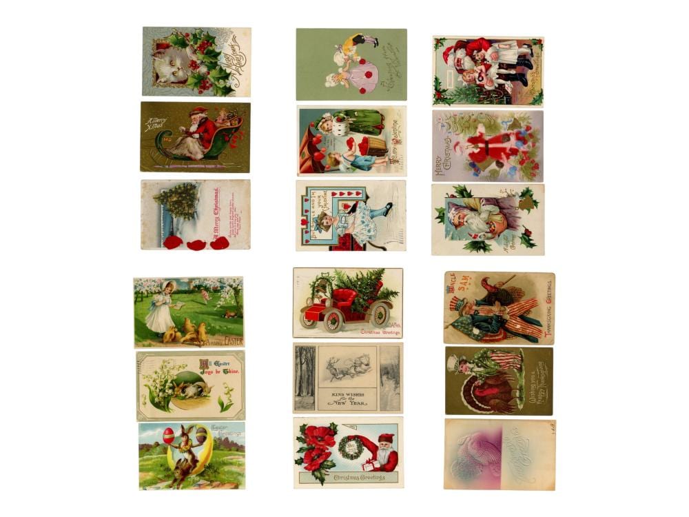 Grid of vintage holiday postcards featuring Santa, winter scenes, wreaths, rabbits, and birds with decorative borders.