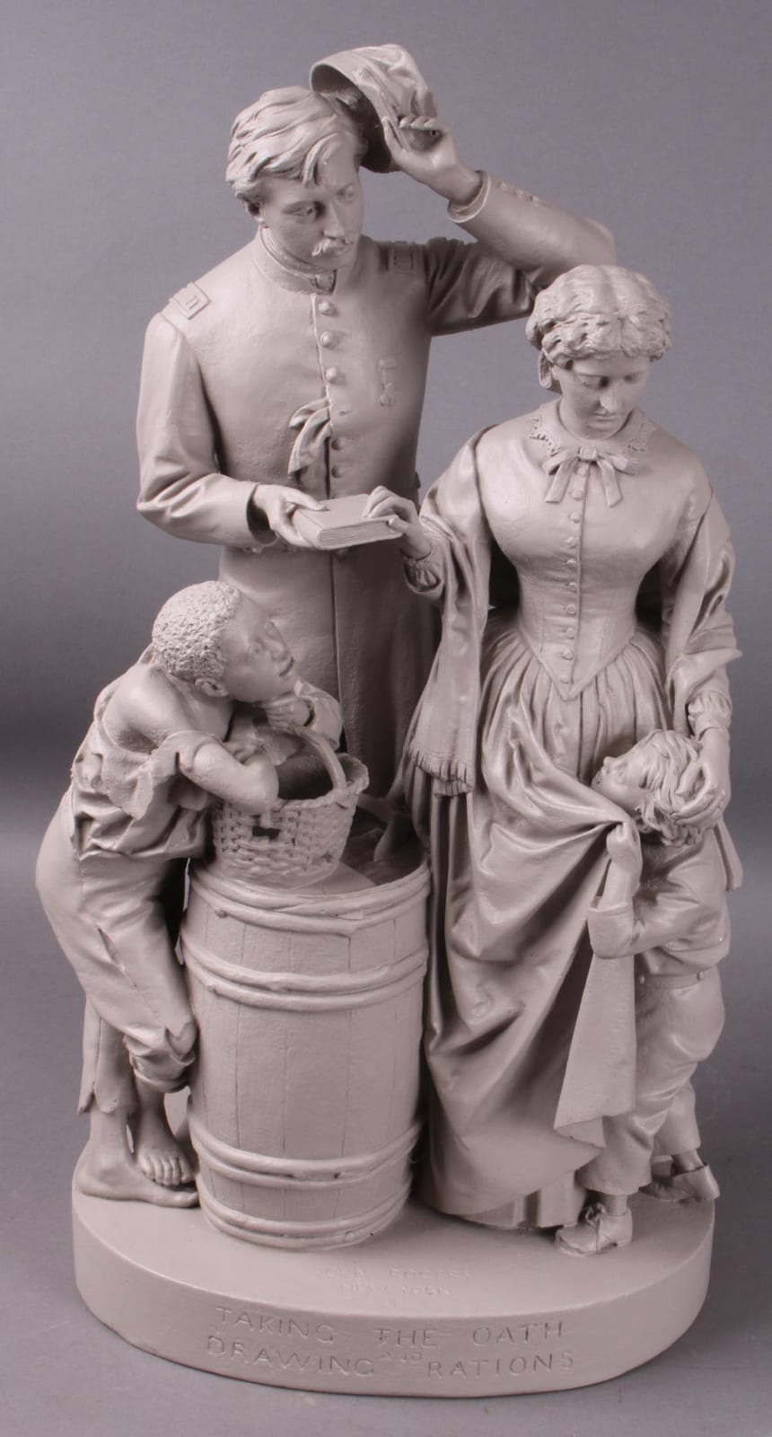 Antique John Rogers Plaster Statue group: stamped @bottom front ‘Taking the Oath and Drawing Rations John Rogers New York’; group of four figures gathered around a barrel – Civil War soldier; repainted; 12 ½” W X 9” D X 24” T (Good) sold by Roan Inc. Auctioneers & Appraisers, lot 506 — auction record photograph