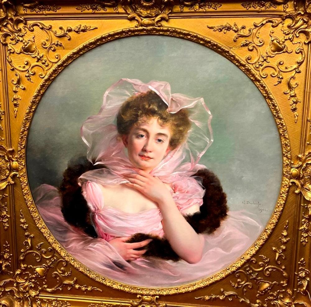 Guillaume Dubufe comparable auction result: guillaume dubufe french 1853 1909 mademoiselle boulart in a pink dress 1901 oil on canvas signed lower left hand corner framed