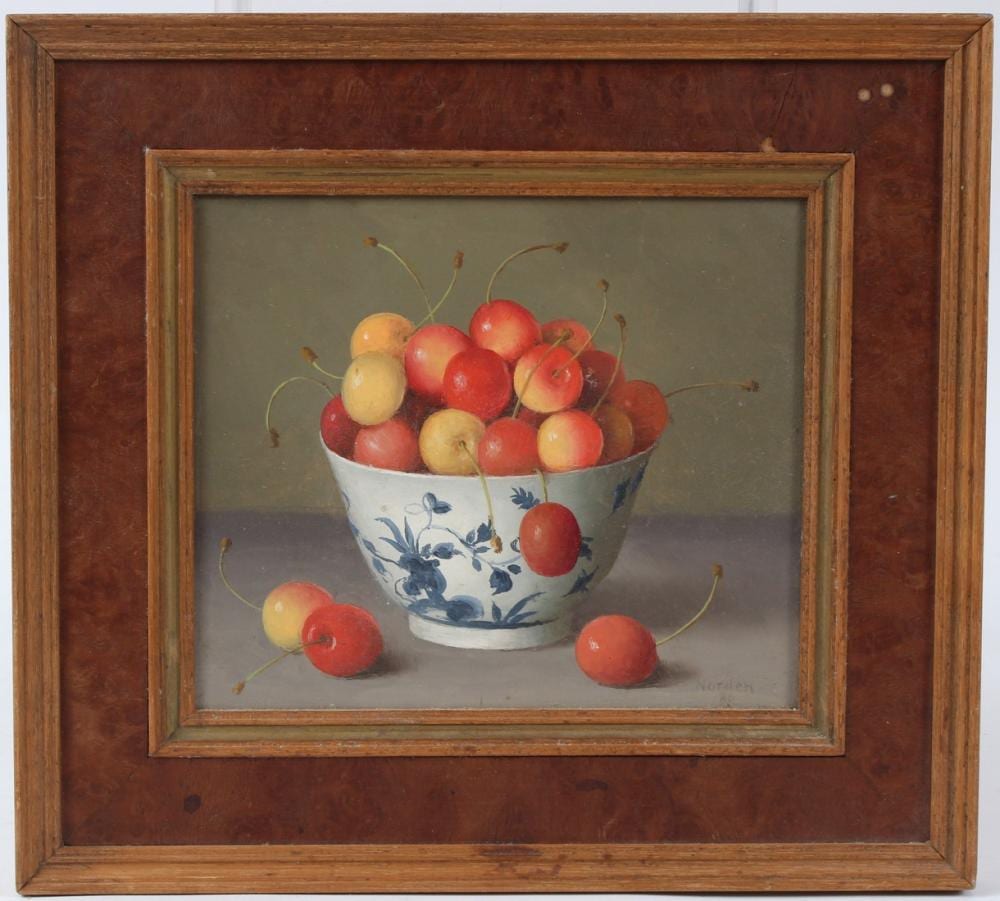 Gerald Norden comparable auction result: gerald norden 1912 2000 cherries in a blue and white bowl oil on board signed and dated 86 14 5 x 17c
