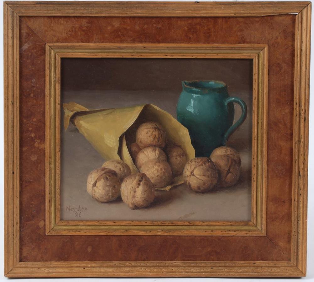 Gerald Norden comparable auction result: gerald norden 1912 2000 walnuts in a paper cone oil on board signed and dated 86 15 x 17cm