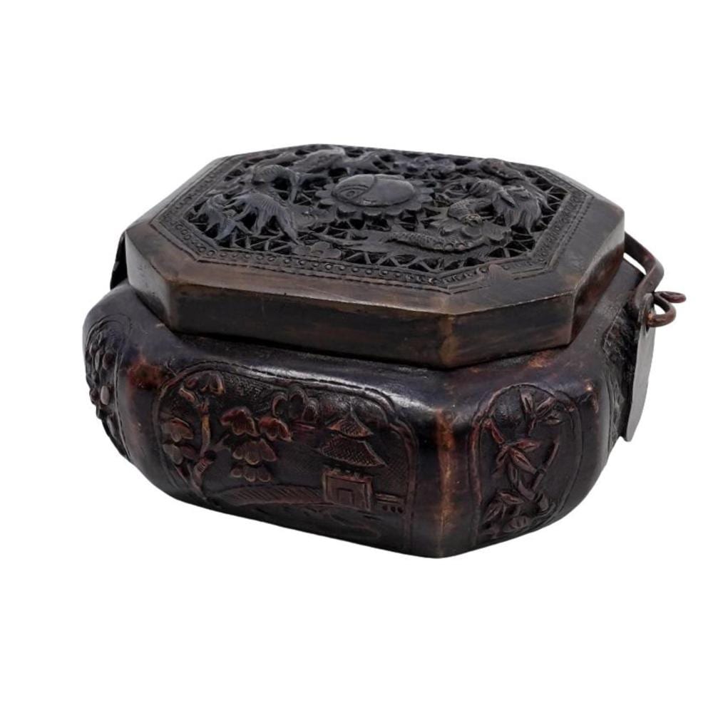 Bronze hexagonal lidded incense burner with detailed relief panels and a lid top pattern, shown with an attached loop handle.