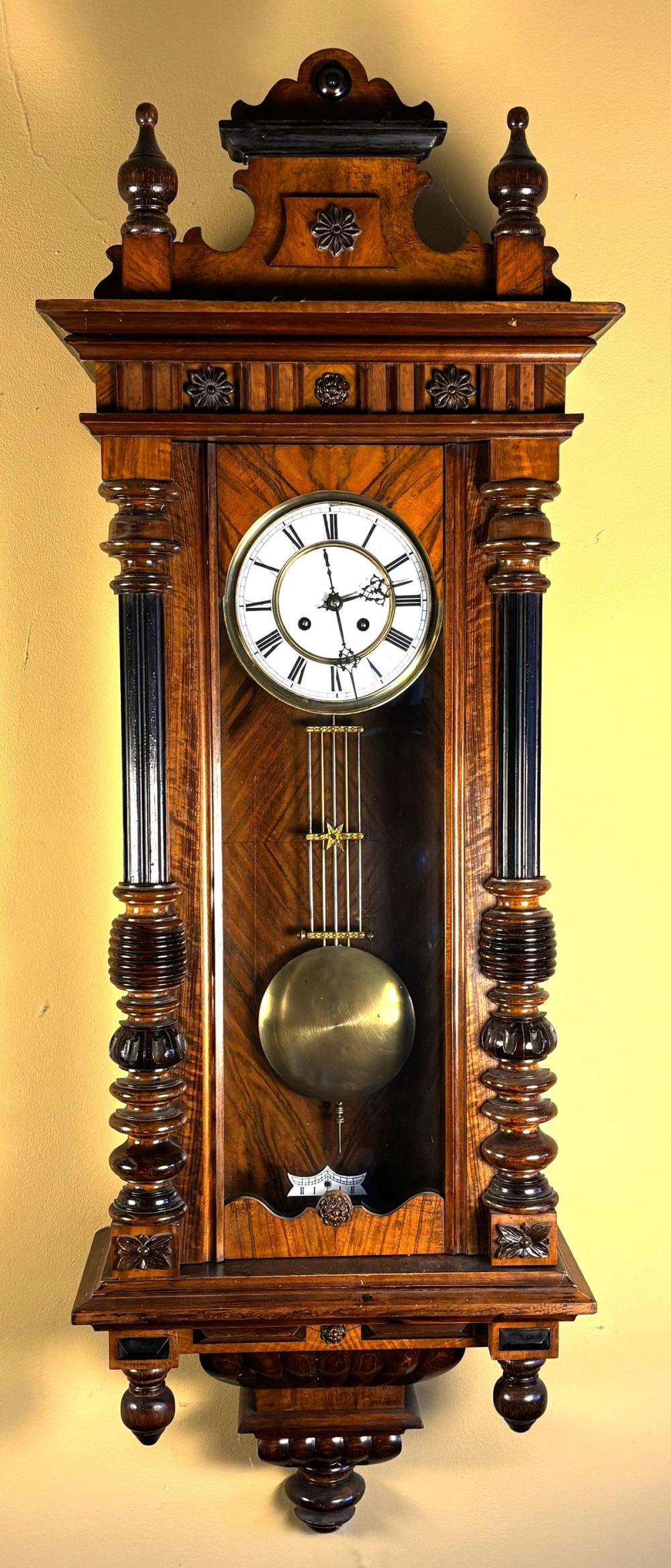 Antique c. 1880 German Vienna Regulator Walnut 8-Day Wall Clock WORKS sold by One Source Auctions, lot 167 — auction record photograph