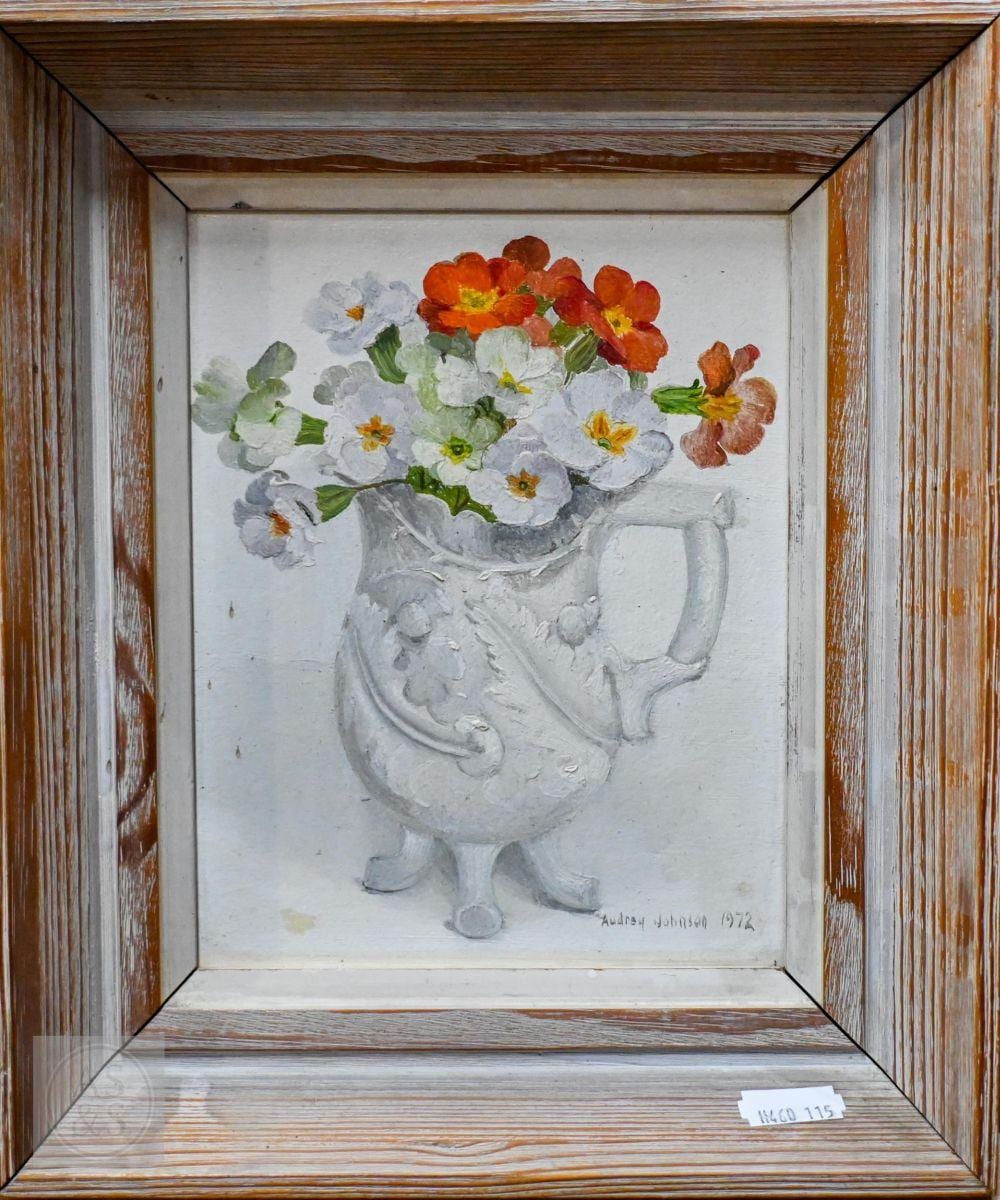 Audrey Johnson comparable auction result: audrey johnson 1918 2010 primulas in a white jug still life study oil on board signed and