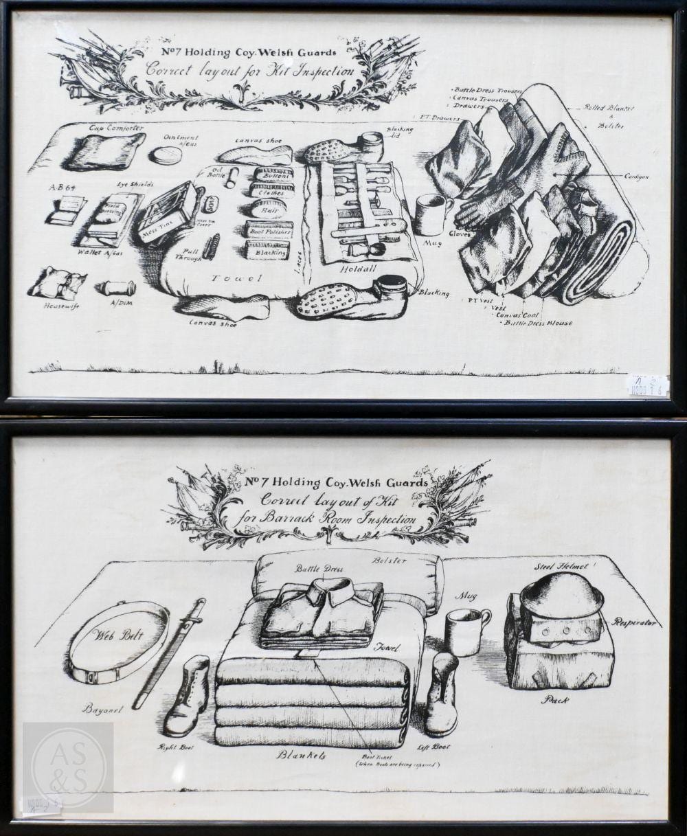 rex whistler 1905 1944 after two prints on fabric no coy welsh guards kit layout for · Andrew Smith & Son · 2025-12-10 Rex Whistler comparable auction result: rex whistler 1905 1944 after two prints on fabric no coy welsh guards kit layout for