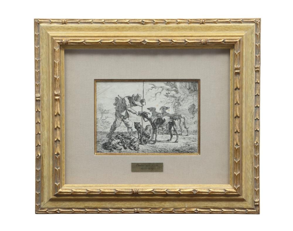 Pieter Van Laer comparable auction result: pieter van laer 1599 1642 a hunter with his hounds a male figure on the left holding a staff while stroking one of his seven dogs 1636