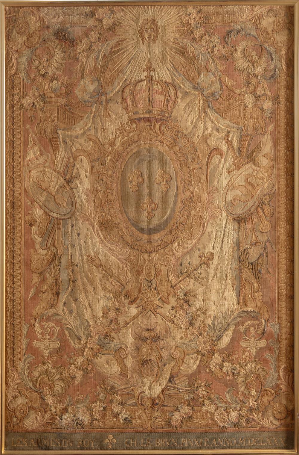 Charles LeBrun comparable auction result: mechanical tapestry with the arms of france after the design by charles le brun