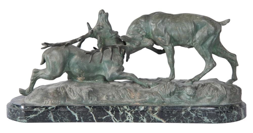 Thomas-François Cartier comparable auction result: thomas cartier 1879 1936 metal patined sculpture of deer fight signed t cartier and france