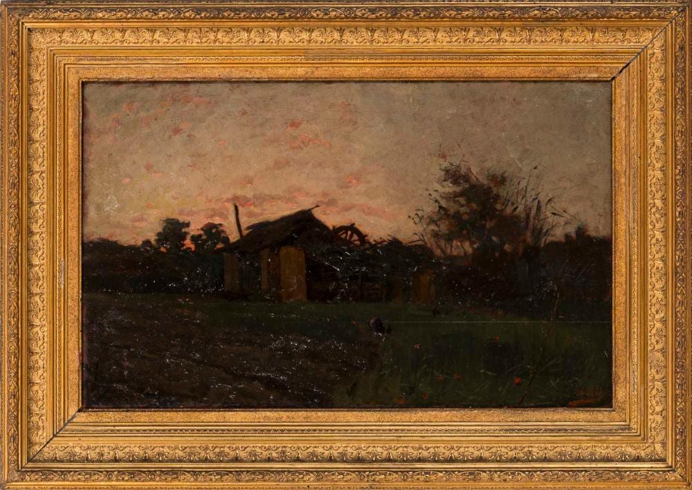 José Malhoa comparable auction result: jos malh a paisagem com figuras ao crep sculo leo sobre madeira dim aprox 36 5 x 58 cm