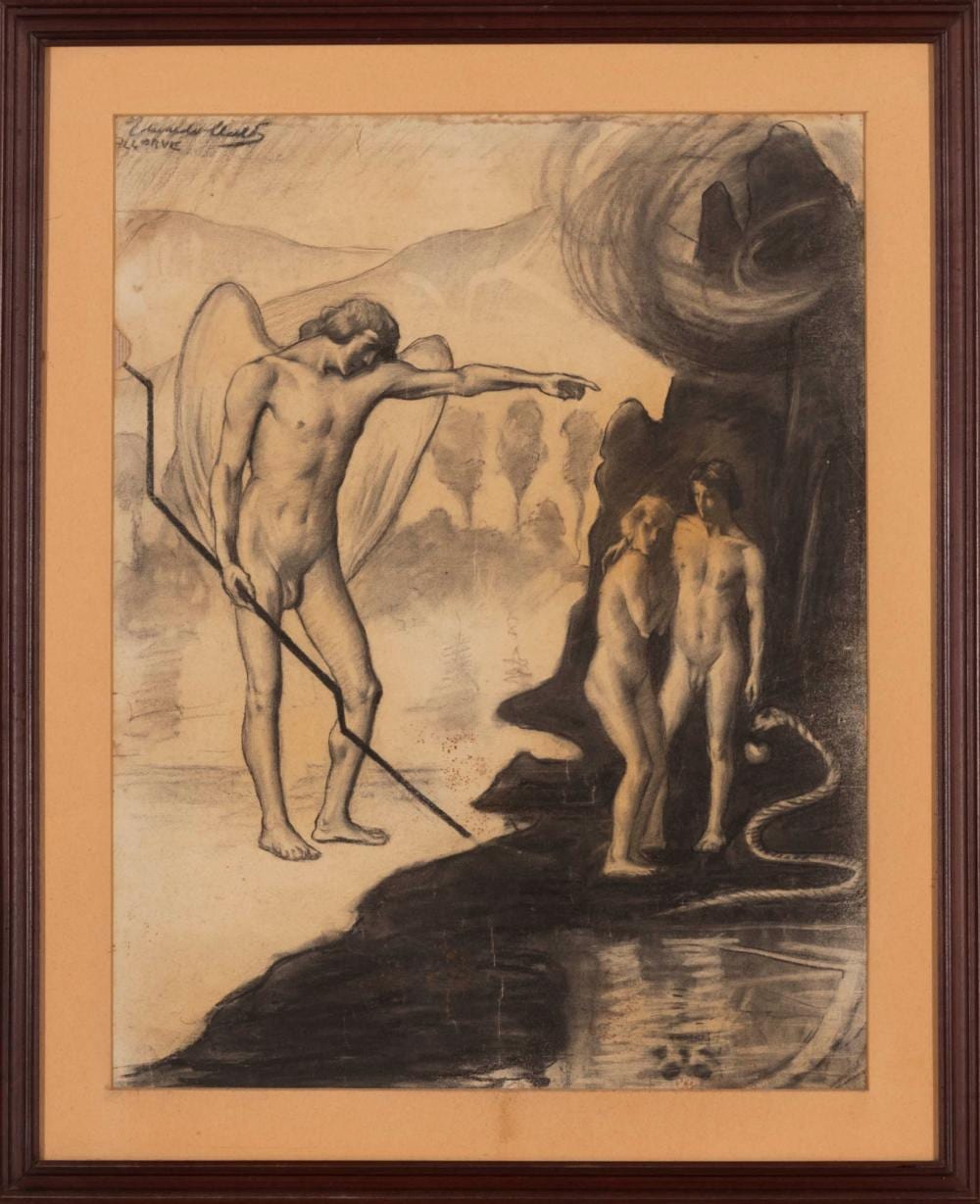 Eduardo Malta comparable auction result: eduardo malta ad o e eva no para so desenho a carv o dim aprox 50 x 46 5 cm