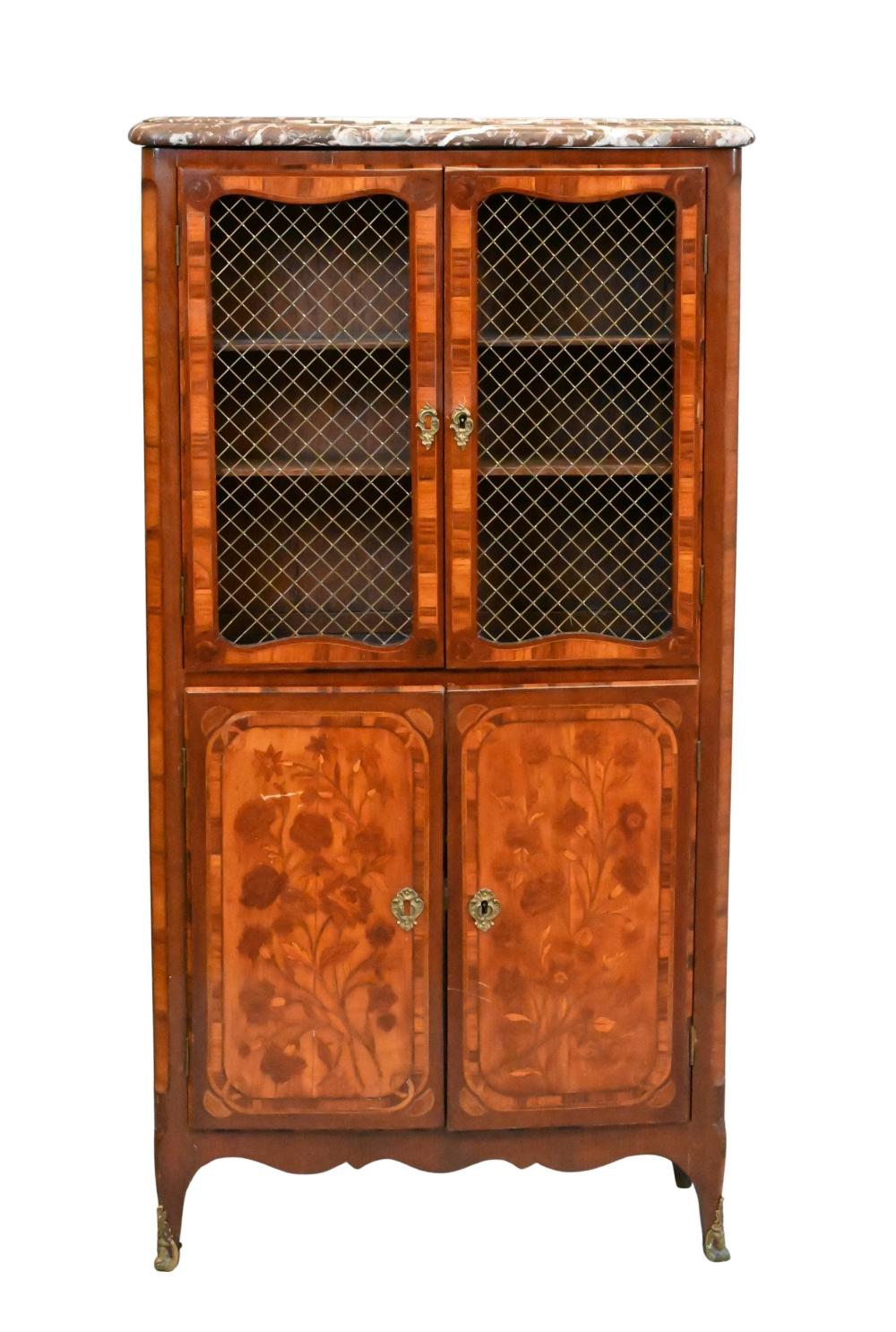 Auction comp thumbnail for Pierre Migeon II (French 1701-1758) Louis XV Marquetry Cabinet Meuble d’Appui having the original molded marble top above a pair of brass-grilled upper doors and lower marquetry-paneled doors, front and sides are rich... (Nadeau's Auction Gallery, Lot 17)
