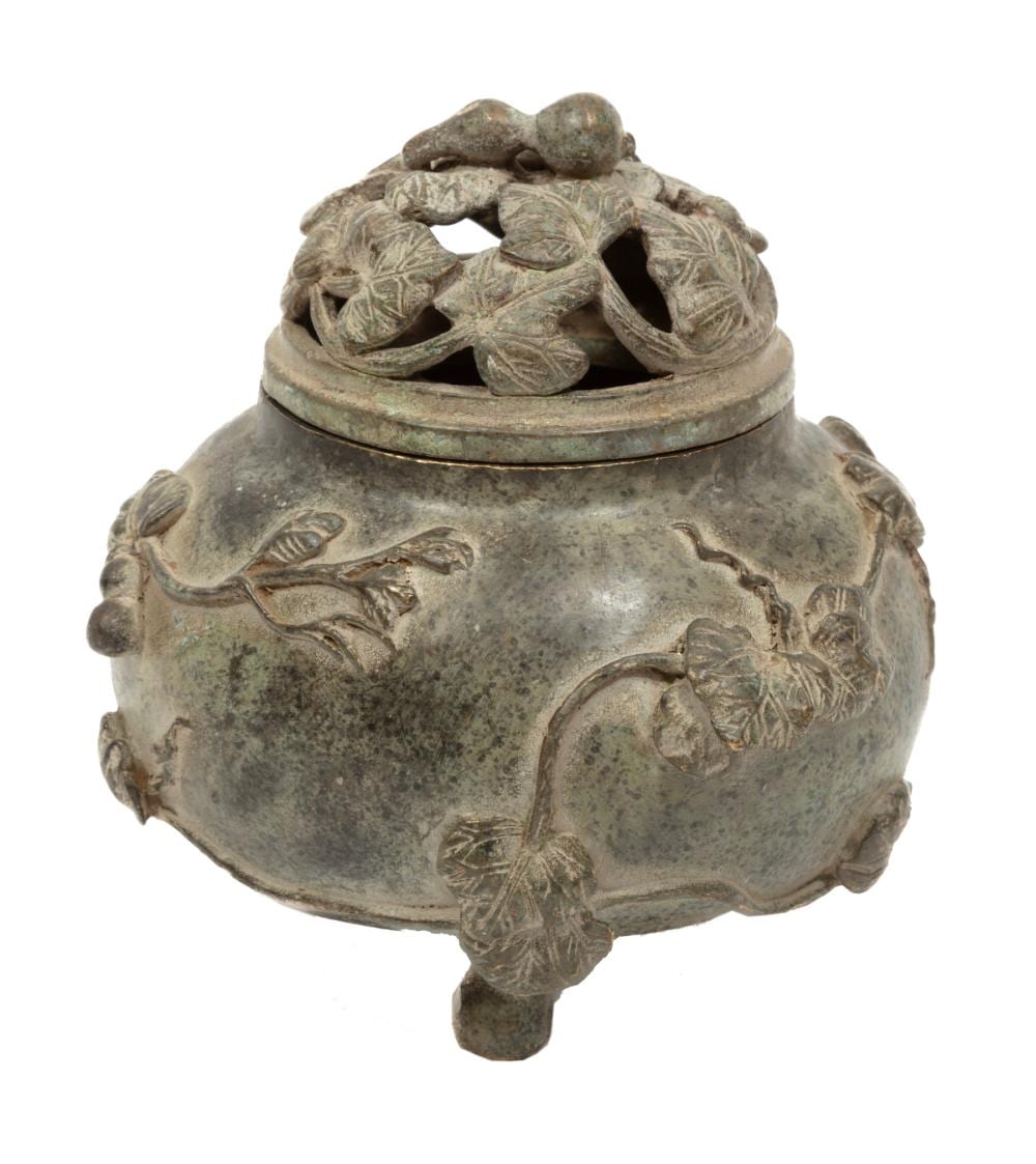 Antique-style bronze incense burner with a domed lid and pierced openings, decorated with raised floral and animal motifs.