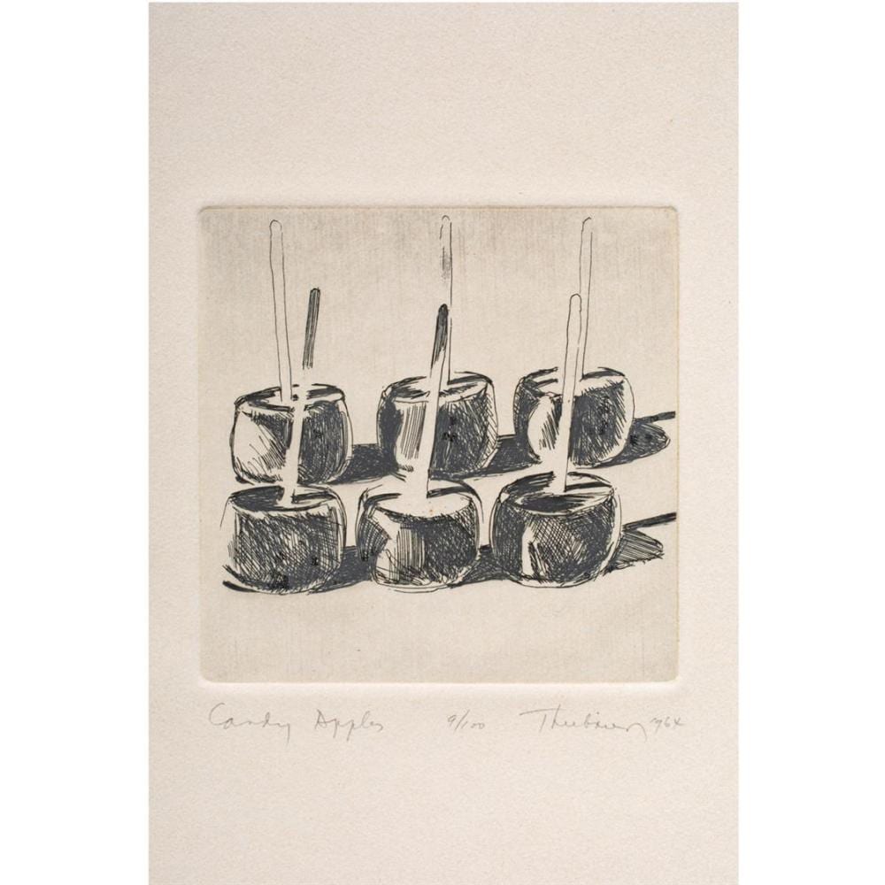 Black-and-white sketch of several apples stacked in rows with stems upright and shadows beneath.