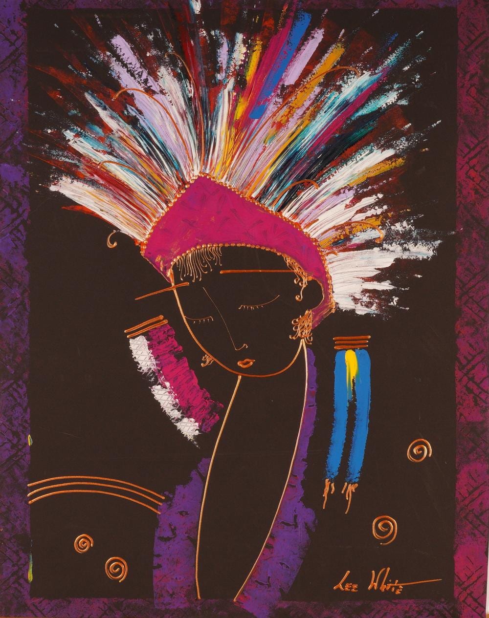 Lee White comparable auction result: lee white mixed media on paper woman in vibrant headdress signed