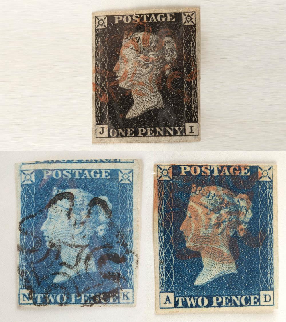Scarce 1840s British Stamps, Penny Black & 2 Pence Blue sold by Artemis Fine Arts, lot 149B — auction record photograph