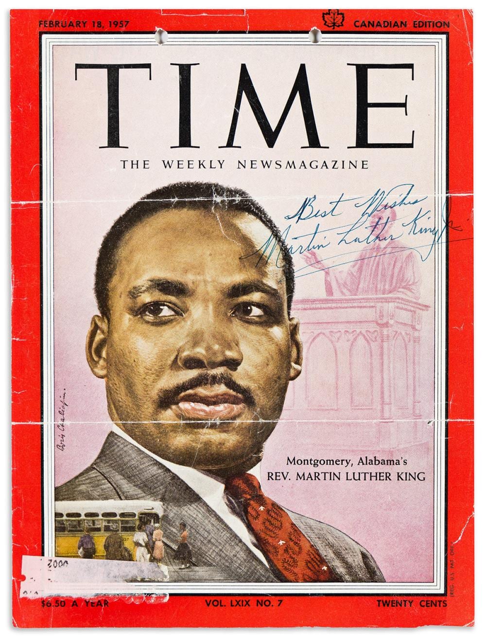 Signed and inscribed vintage magazine cover featuring Martin Luther King Jr. portrait with the word “TIME” across the top.