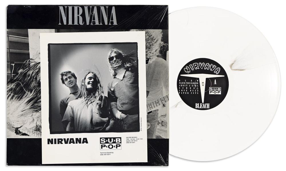 [NIRVANA] Bleach, white vinyl long playing record and cover, 1989 first pressing (SP 34). sold by Swann Auction Galleries, lot 260 — auction record photograph