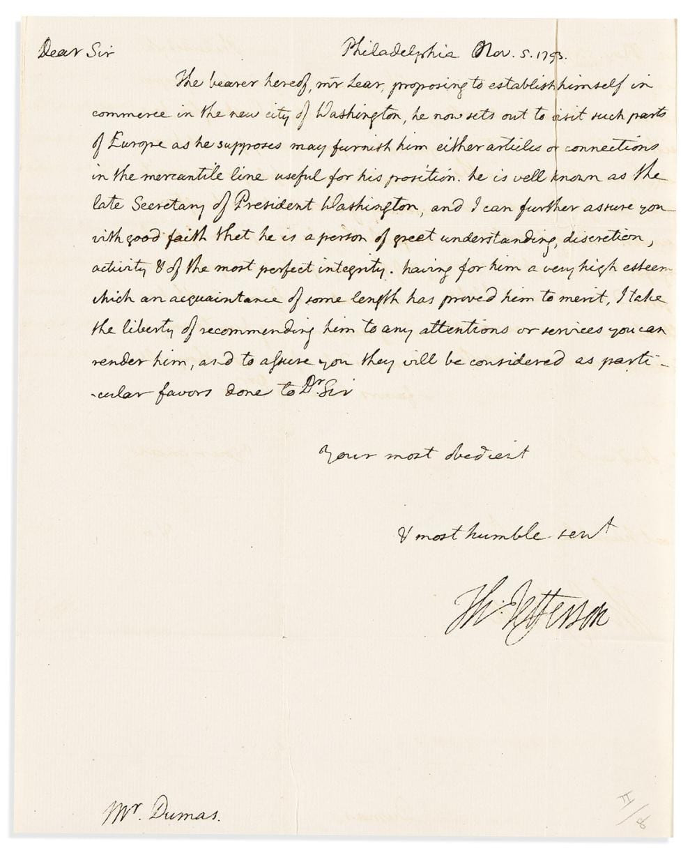 Jefferson comparable auction result: jefferson thomas autograph letter signed th jefferson as secretary of state to unofficial u s charg d affaires at the hague ch