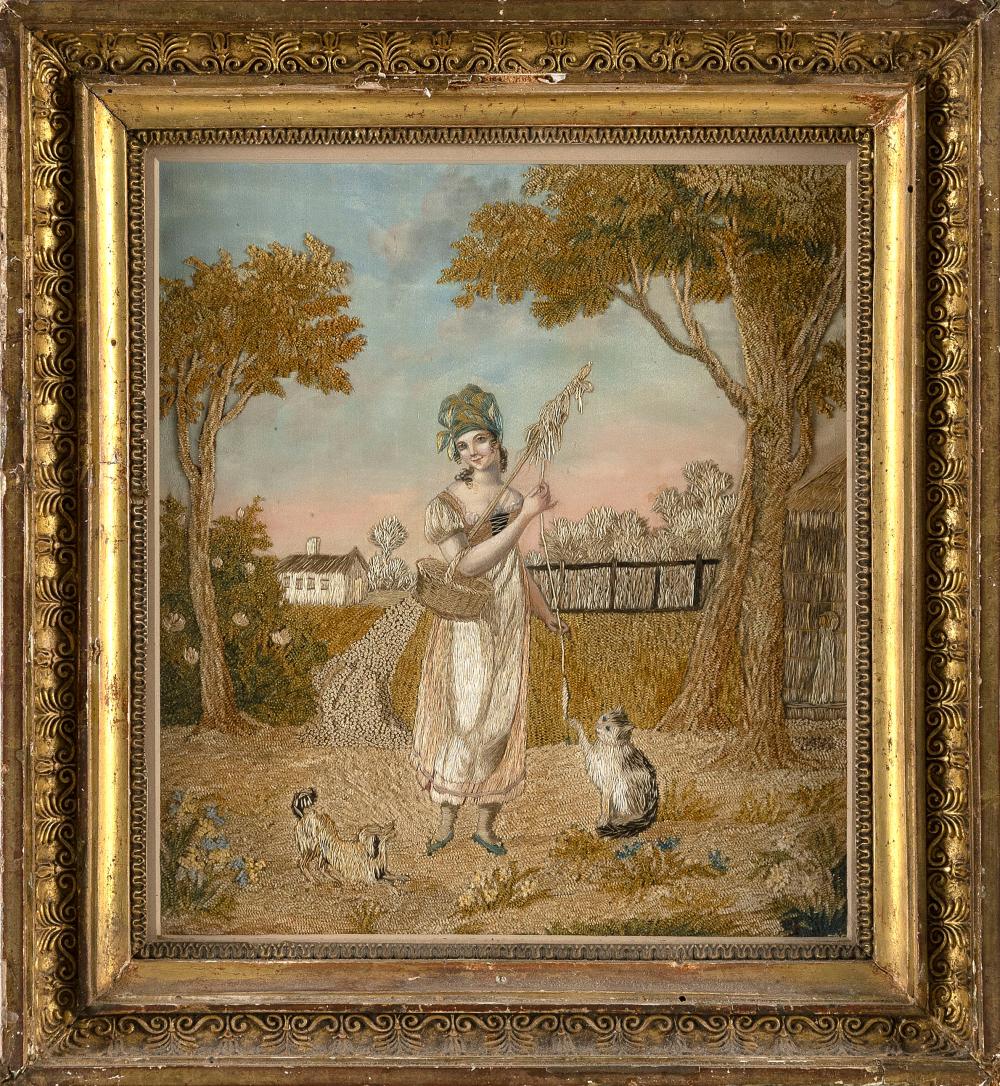 FINE SILK NEEDLEWORK PICTURE OF A LADY WITH FISHING POLE Mid-19th Century 8.75" x 7.75" sight. Framed 12.25" x 11.25". sold by Eldred's, lot 3051 — auction record photograph