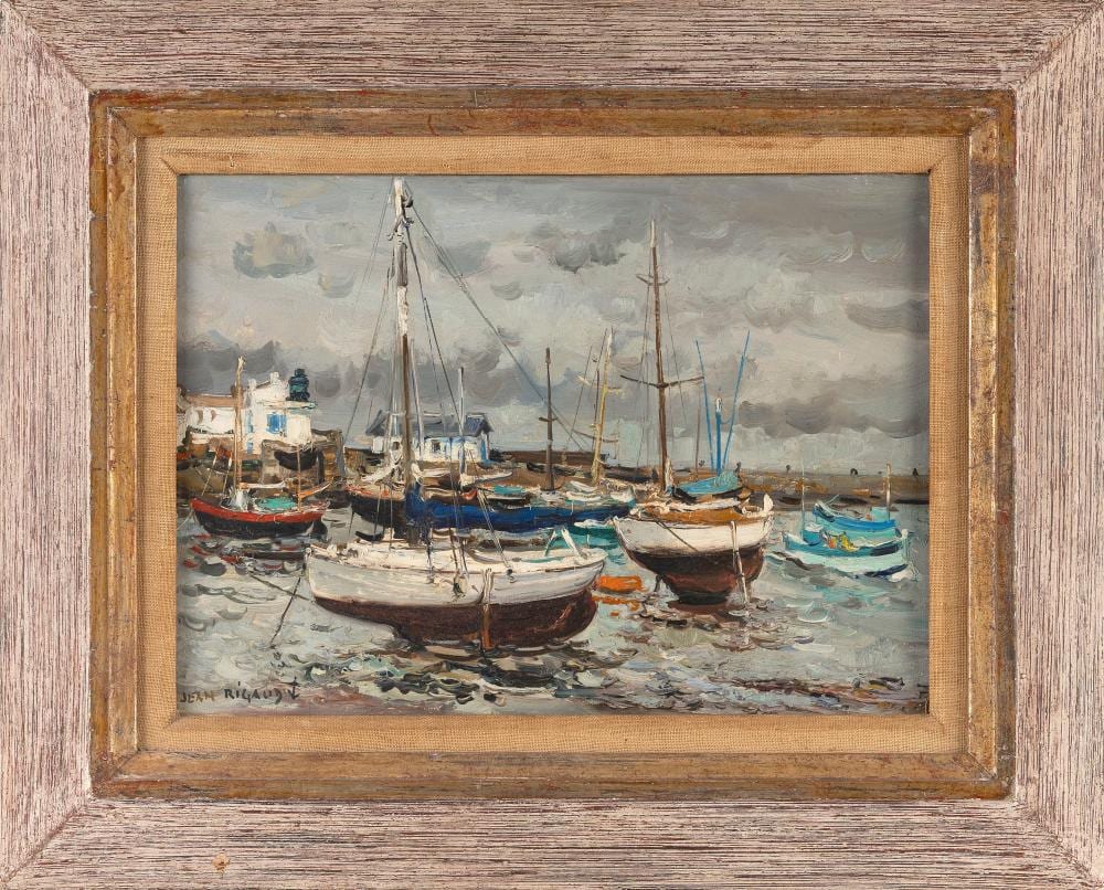 Jacques Rigaud comparable auction result: jean rigaud france 1912 1999 ile d yeu les yachts depicting several boats in a harbor oil on canvas 13 x 18 framed 20 75 x 26