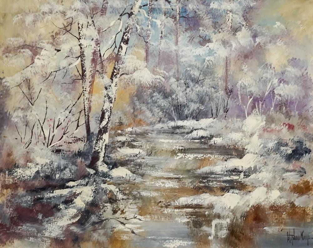 Stephen Kaye comparable auction result: stephen kaye american 20th 21st century school snowy forest landscape oil on canvas signed l r frame 46 x 56 in 116 8 x 142 2 cm